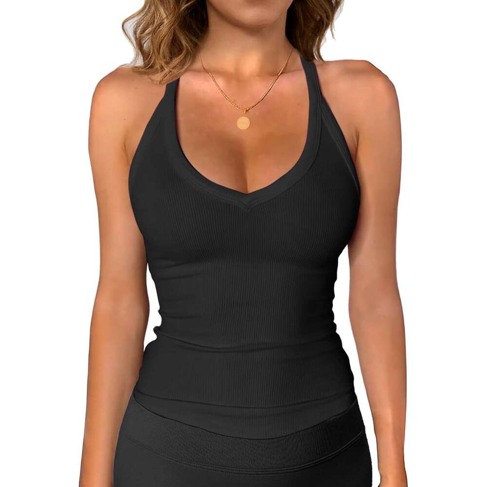 Workout Tops for Women Racerback Basic Tank Summer 2026 Camisole V Designer Neck Slim Fit Ribbed Sleeveless