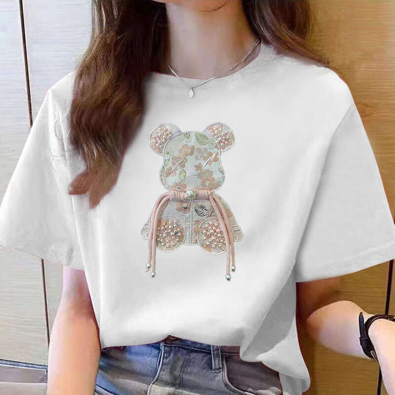Frog button Buckle Pink Bear Beading T-shirt Heavy Handmade Diomand Shiny Bowknot Embroidery T Shirt Summer Tees Top Accessories Clothes