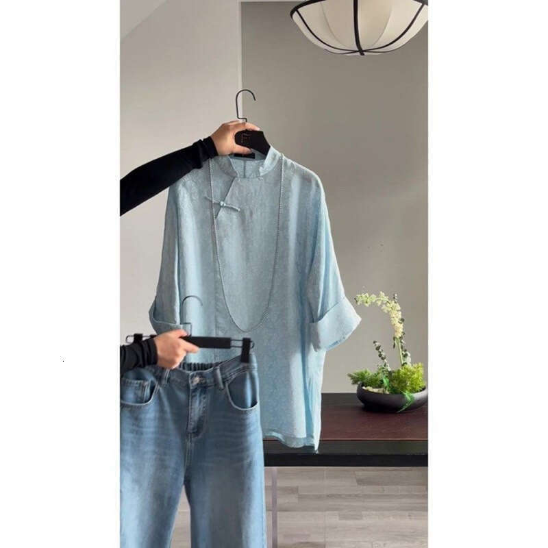 2026 New Chinese Satin Jacquard Women's Shirt Retro Tang style Stand up Collar Loose Shirt Loose Commuter Top