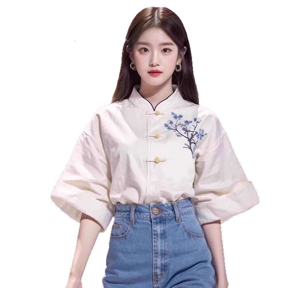 Mardi Hefxessdr Women's Clothing Summer New Improved Tang Suit Slimming Top Stylish White Drop-Shoulder Sleeve Embroidered Shirt style shirt wome