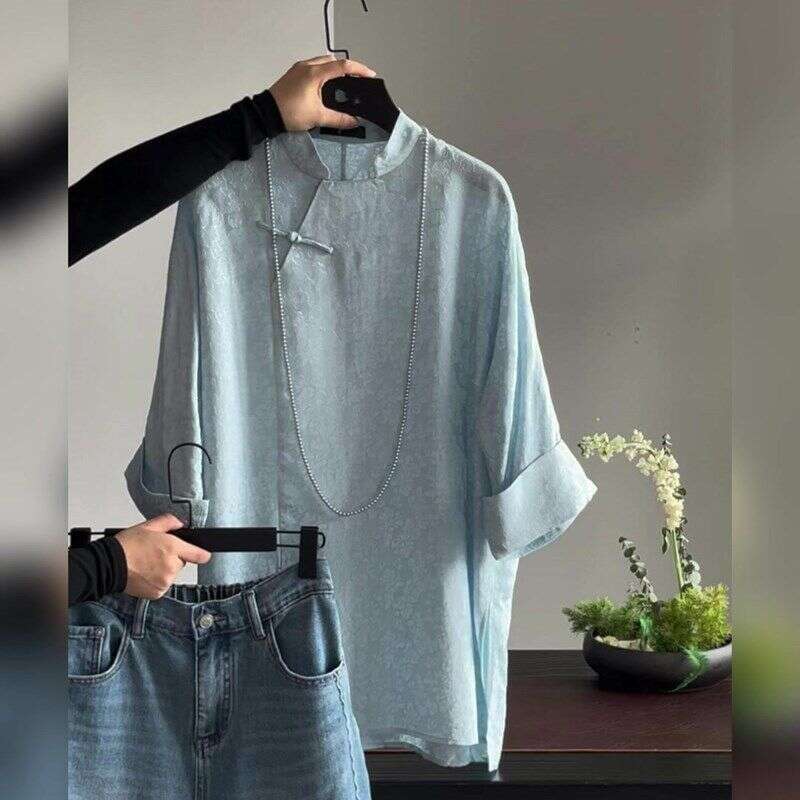 2026 New Chinese Satin Jacquard Women's Shirt Retro Tang style Stand up Collar Loose Shirt Loose Commuter Top