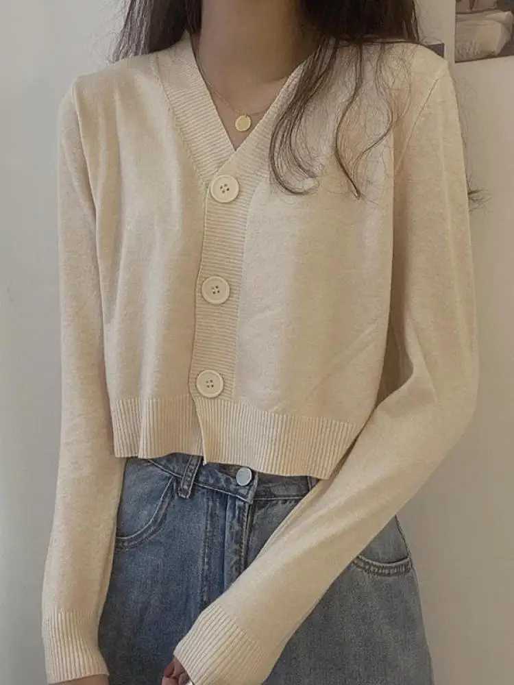 Button Pullover Long Sleeve Sweater Women V Neck Short Top Ladies Autumn Winter Clothes Slim Streetwear Solid Knitted Cardigan M260306