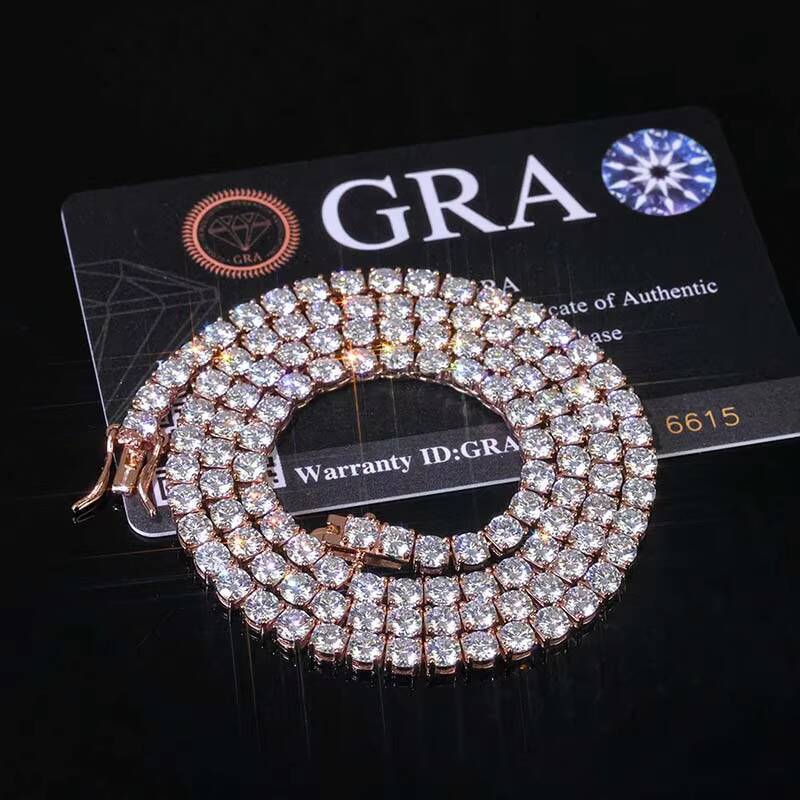 Factory Wholesale 3mm 4mm 5mm 65mm Vvs Moissanite Brilliant Cut Hip Hop Tennis Chain Necklace 925 Silver Rose Gold Plated