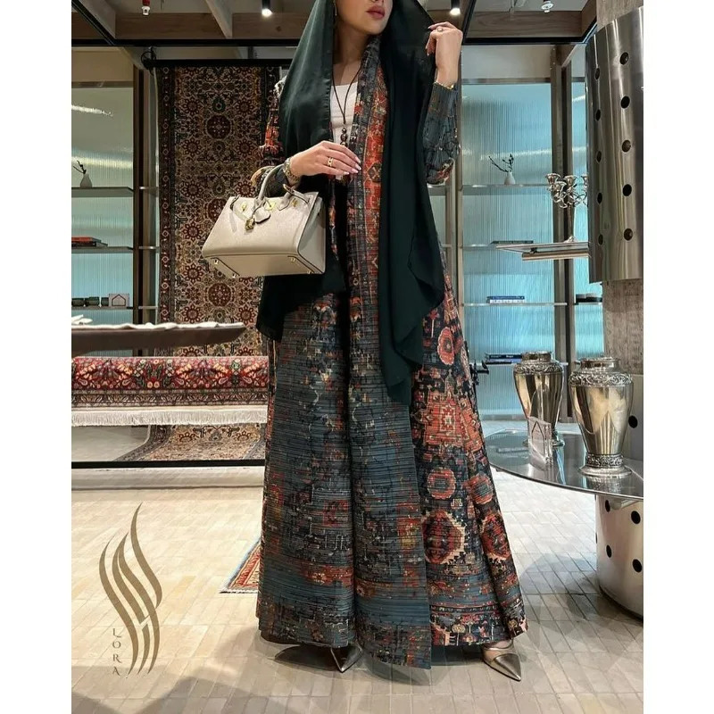 Miyake Pleated Foldable Collar Long Sleeved Retro Printed Dress Belt Womens 2024 Abaya Style Original Fashion Loose Jacket 260228