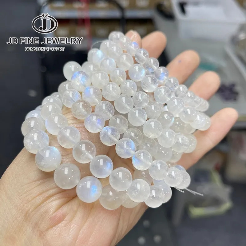JD Natural Blue Moonstone Round Bead Strand Bracelets Women Men Charm Blue Flash Beads Energy Elastic Wrist Yoga Jewelry 260302
