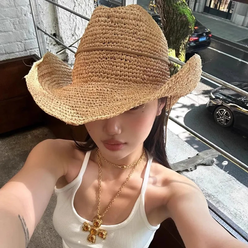 Fashion Spicy Girl Hand Crochet Raffia Hat Women Ken Bean Style Sun Hats Tie Western Cowboy Jazz Top Panama Vacation Beach Caps 260228
