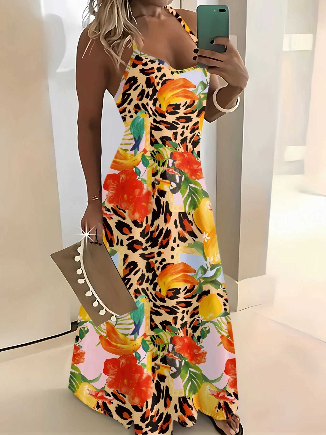 Printed Design Leopard Print Red Flowers Yellow Fruits Pink Beige Spaghetti Strap Maxi Dress X260306
