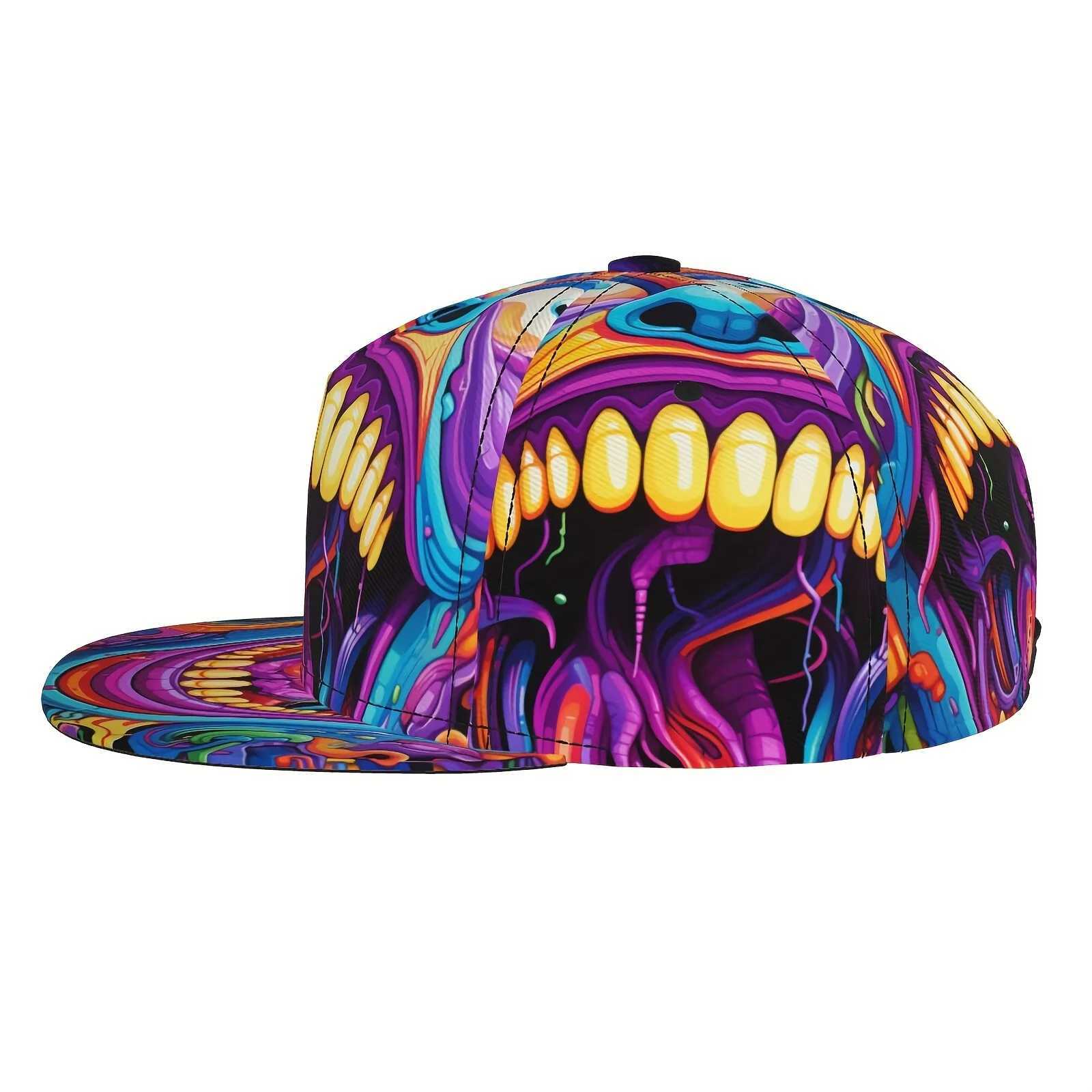 Vibrant Graffiti Art Baseball Cap - Adjustable Snapback Hip-Hop Street Style Colorful Flat Brim Hat with Cartoon Mouth Design S260306