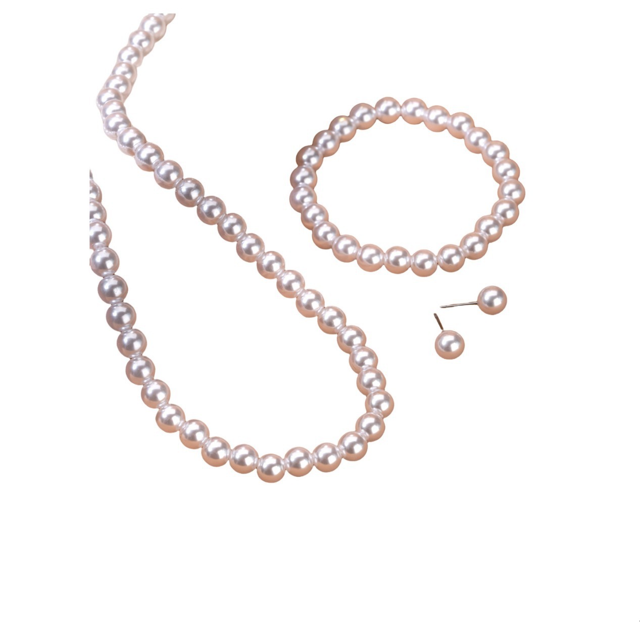French Style Elegant Socialite Versatile Pure White Imitation Pearl Necklace Bracelet Earrings Three-Piece Set Exquisite Set