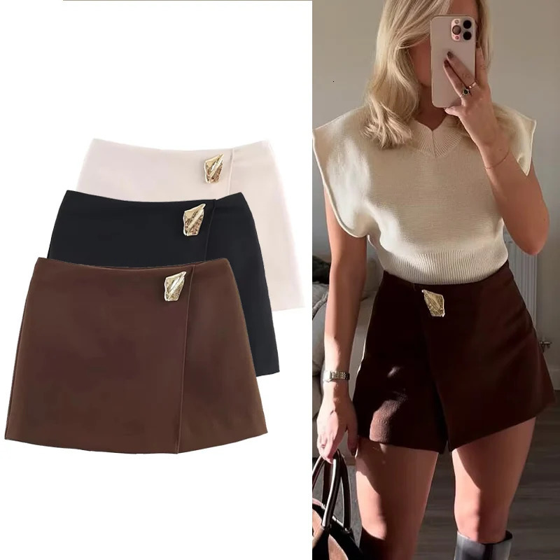Asymmetry High Waist Mini Skirt Women Fashion Metal Decoration Elegant Shorts Woman Y2k Streetwear A Line Casual Skorts 260302