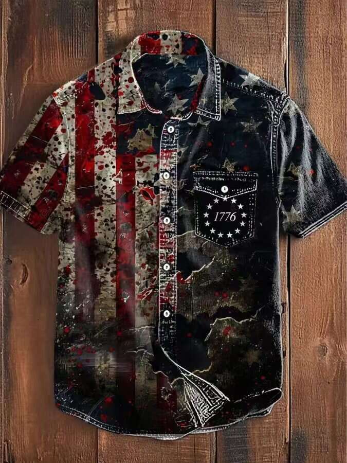 Cross-border vintage casual printed short-sleeve men's shirt