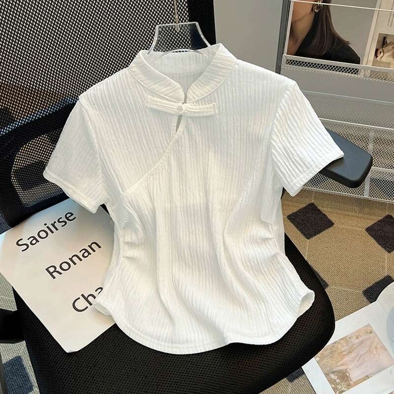 2026 summer new chinese style stand collar traditional cheongsam button short sleeve t-shirt women slimming qipao short top