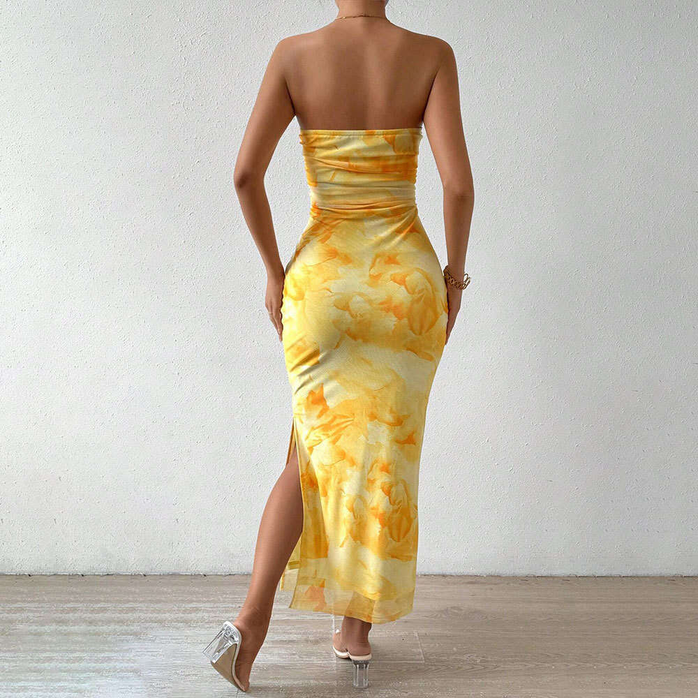 Cross-Border Women's TK Mesh Printed 2026 Spring Summer New High Waist Slim Fit Slit Tube Top Bodycon Dress