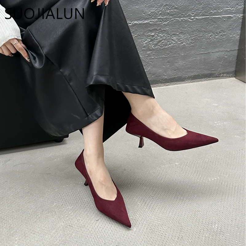 SUOJIALUN Autumn Pointed Toe Women Sexy Shallow Slip On Pumps Shoes Fashion Thin High Heel Ladies Elegant Dress Boat Shoes 260303