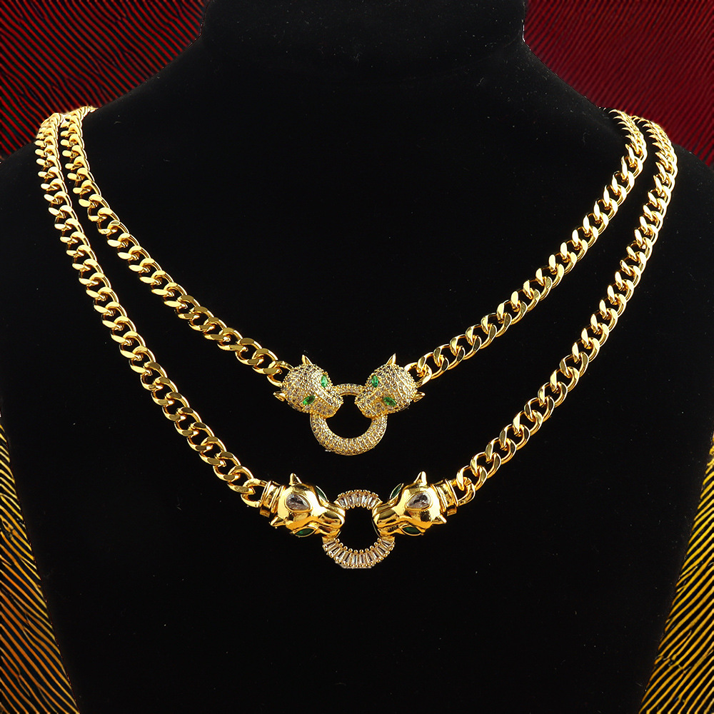 necklace new fashion trend personalized hip-hop copper micro-inlaid zircon double-headed leopard necklace, adjustable punk style necklace