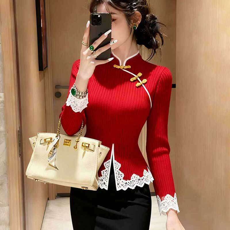 Chinese-Style Retro Sweater Autumn And Winter A Stand-Up Collar, Unique Button Design, Bell-Shaped Base, Knitted Top With Lace Inserts For Women Asia 