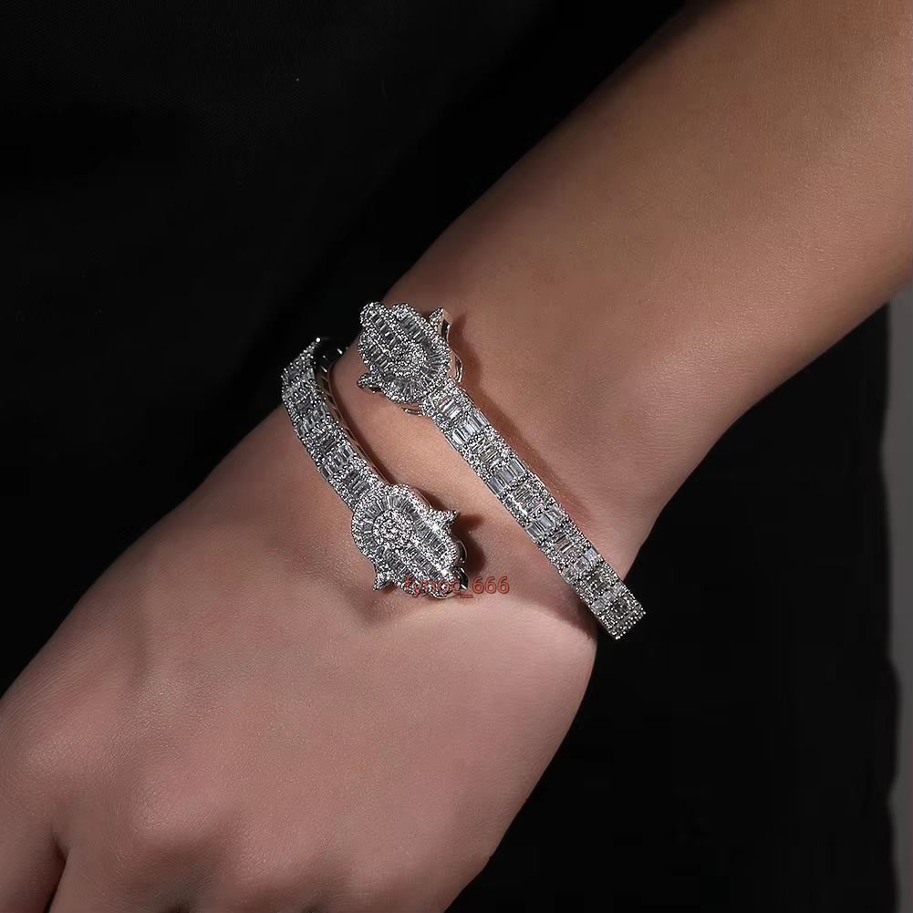 New Iced Out Bling Micro Pave 5A CZ Zircon Baguette Diamond Hamsa Hand Openning Bangle for Men Women Hip Hop Luxury Jewelry