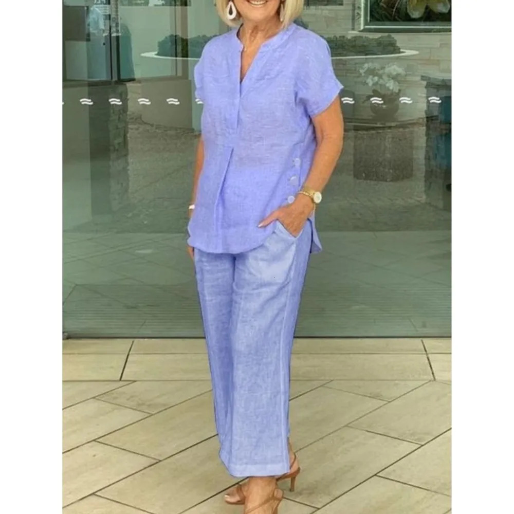 Fashion Cotton Linen Short Sleeved Women Shirt Pants Suit Spring Summer Simple Casual Pocket Pants Female Office 2 Piece Set 260305