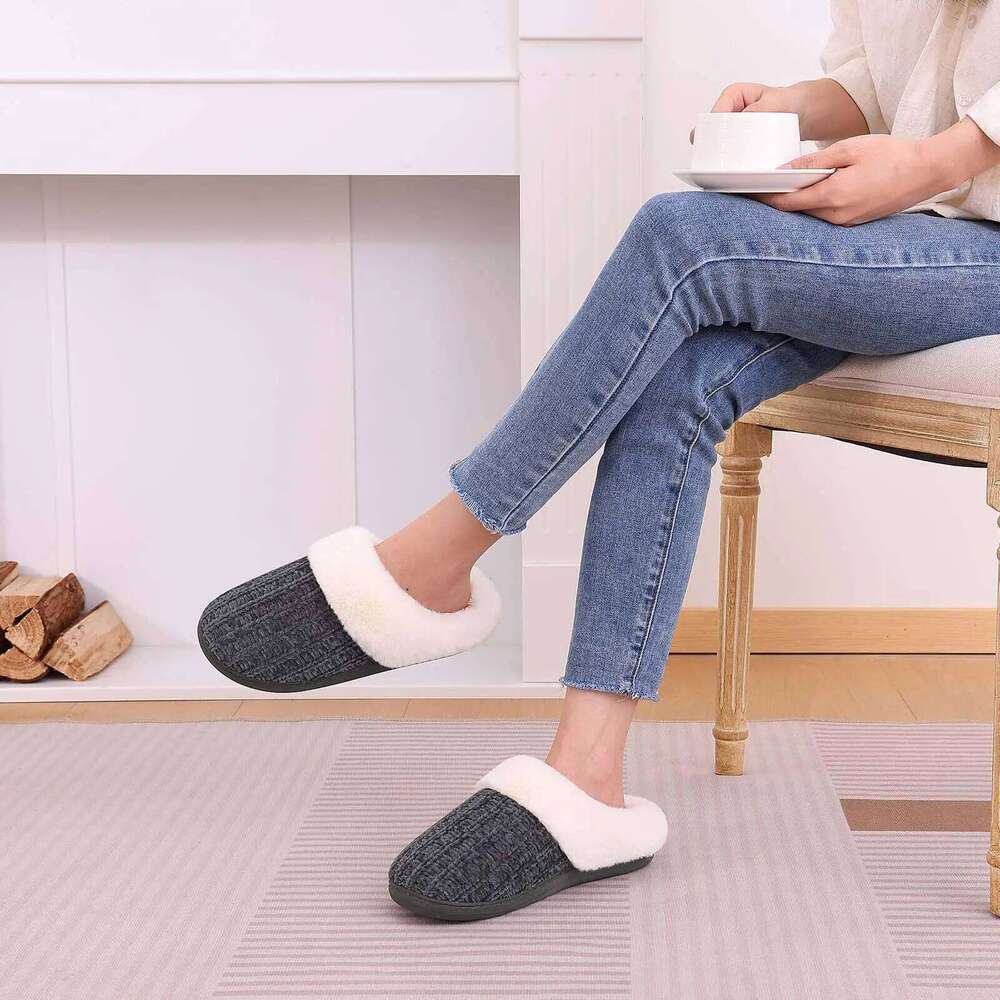Litfun Winter Furry Slip On Wool-Like Lined Cozy Home Slides Memory Foam Chenille Warm Outdoor Women's Slippers