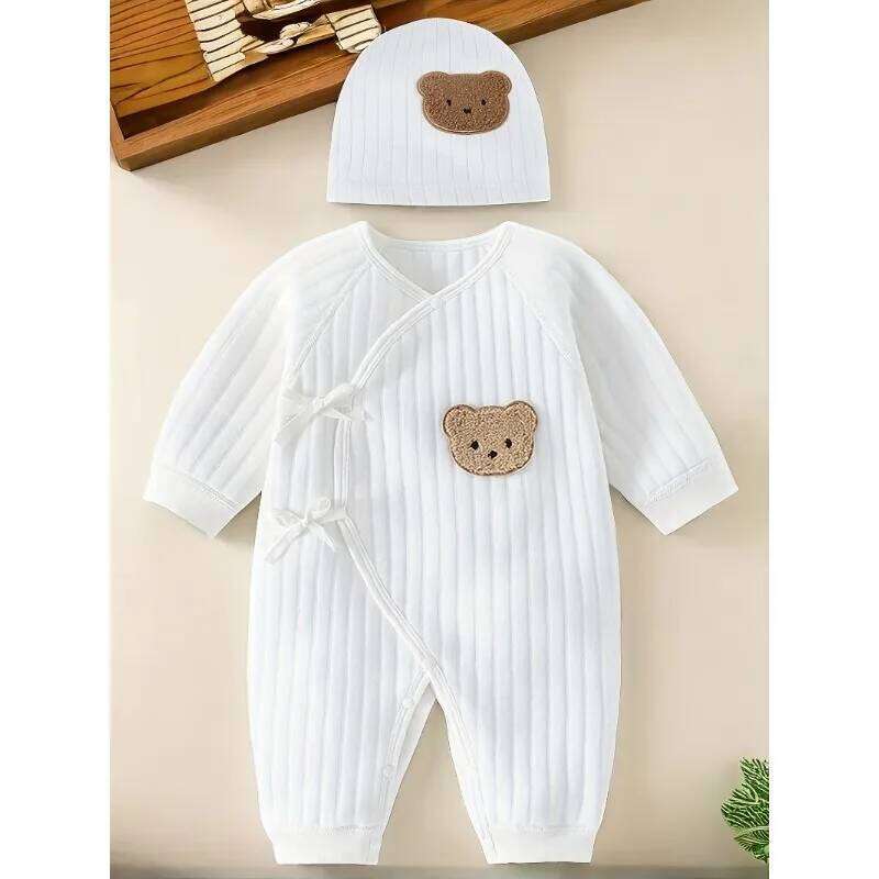 All Seasons Cute Infant Newborn Romper Baby Boy Girl Cartoon Bear Cotton Jumpsuit with Hat Z260306