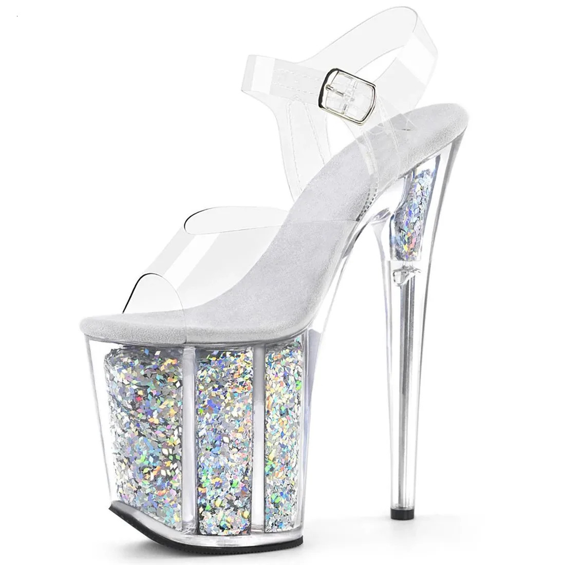 Summer Crystal PVC Womens Shoes Steel Pipe Dance Sandals 20CM Thin High Heels Stiletto Plus Size Sequins Platforms Pumps 260306