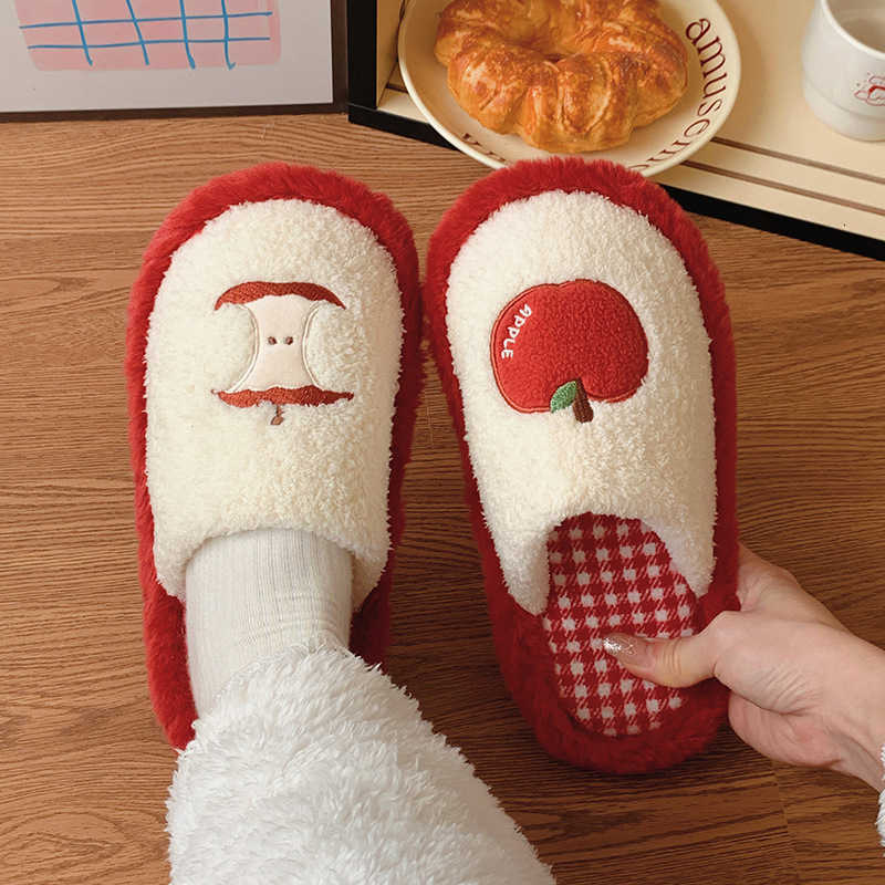 Cute Red Apple Cotton Slippers for Women Winter Girly Fuzzy Shoes Home Floor Non-Slip Maternity Shoes S260305