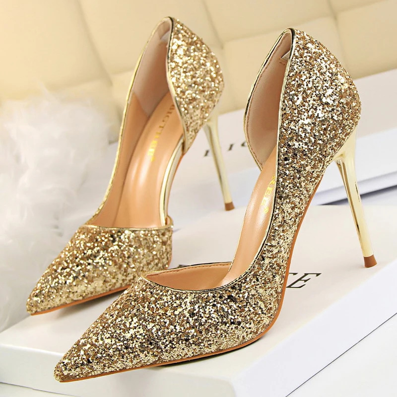 BIGTREE Shoes Champagne Women Pumps Sequin Wedding Shoes Stiletto High Heels Women Shoes Party Shoes Pumps Plus Size 43 260306
