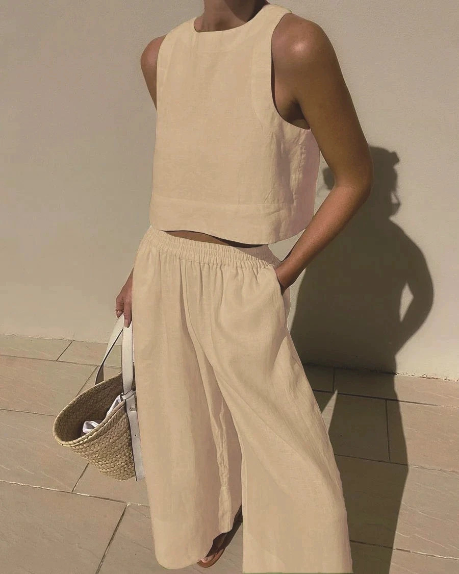Cotton And Linen Pant Sets Women Sleeveless Leace-up Short Tops Drawstring Long Pants Two Piece Set Commuting Summer 260304
