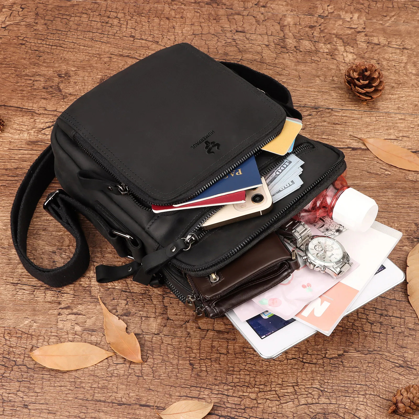 HUMERPAUL Mens Cowhide Shoulder Bag Casual Crossbody Bags Full Grain Leather Multifunctional Ipad Messenger Handbag Quality 260305