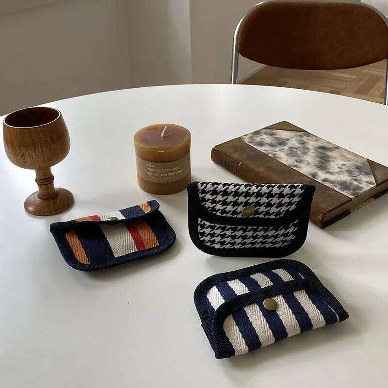 Striped Plaid Canvas Holder Portable Hasp Coin Purse ID Credit Card Cover Multifunctional Headphone Key Storage Bags C260304