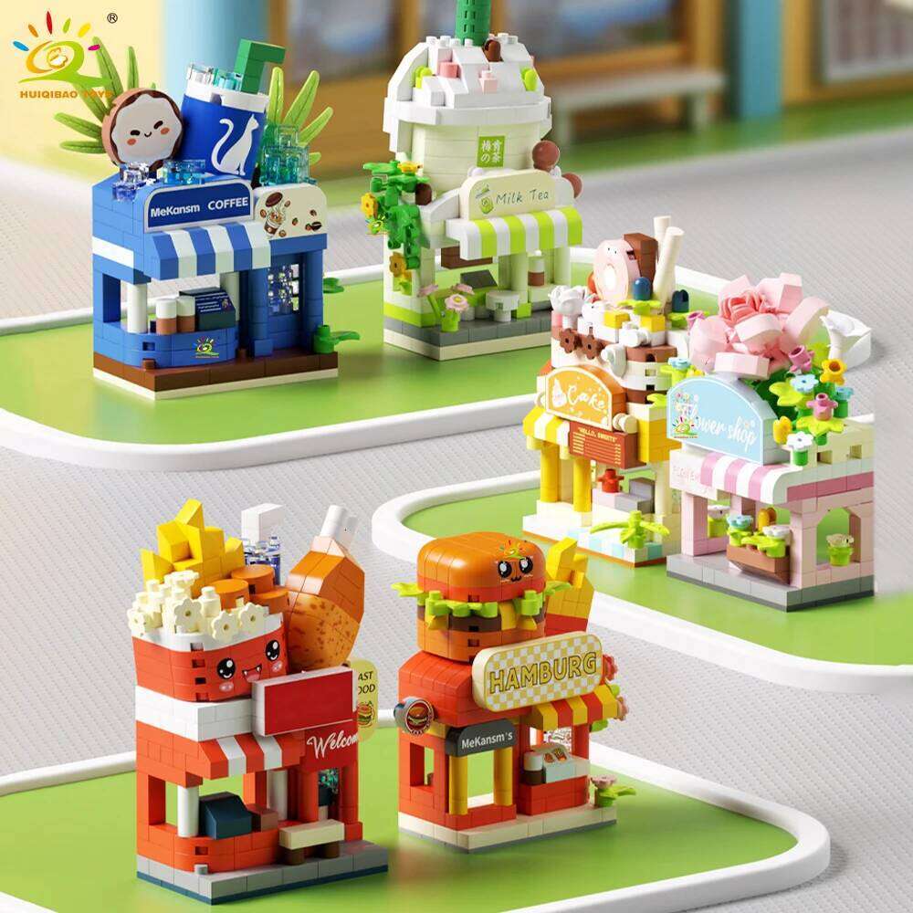 HUIQIBAO MOC Cute Street Shop model Micro Building Block Burger Fried Flower Model Mini Brick Toy for Children Desk Decor. Z260306