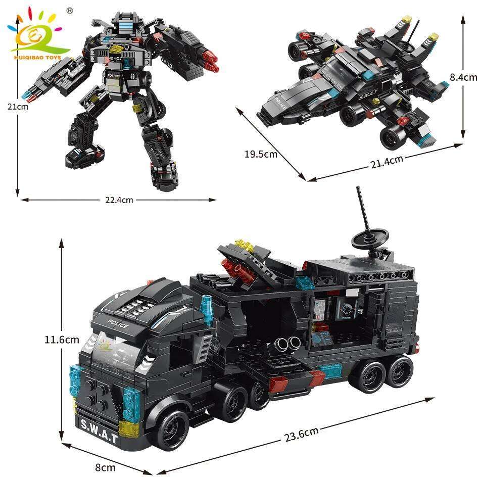 HUIQIBAO 454-585PCS 8in1 SWAT Police Command Truck Building Blocks City Helicopter Bricks Kit Educational Toys for Children Z260306