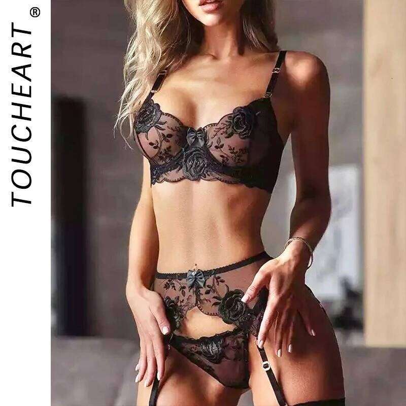 Toucheart 3 Piece Lace Embroidery Bra For Women Mesh Patchwork Perspective Sexy Garters Steel Rings Underwear Set