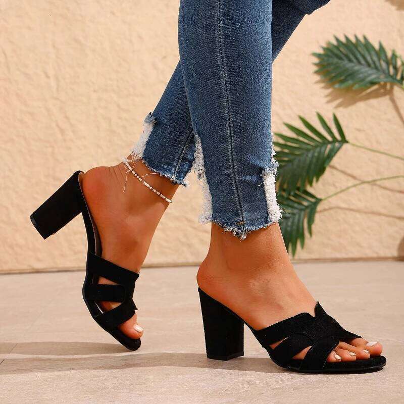 2025 New Fashionable Women's Thick Sandals Comfortable Square Heel Bare Toe Non slip Slippers Black Casual High Heels