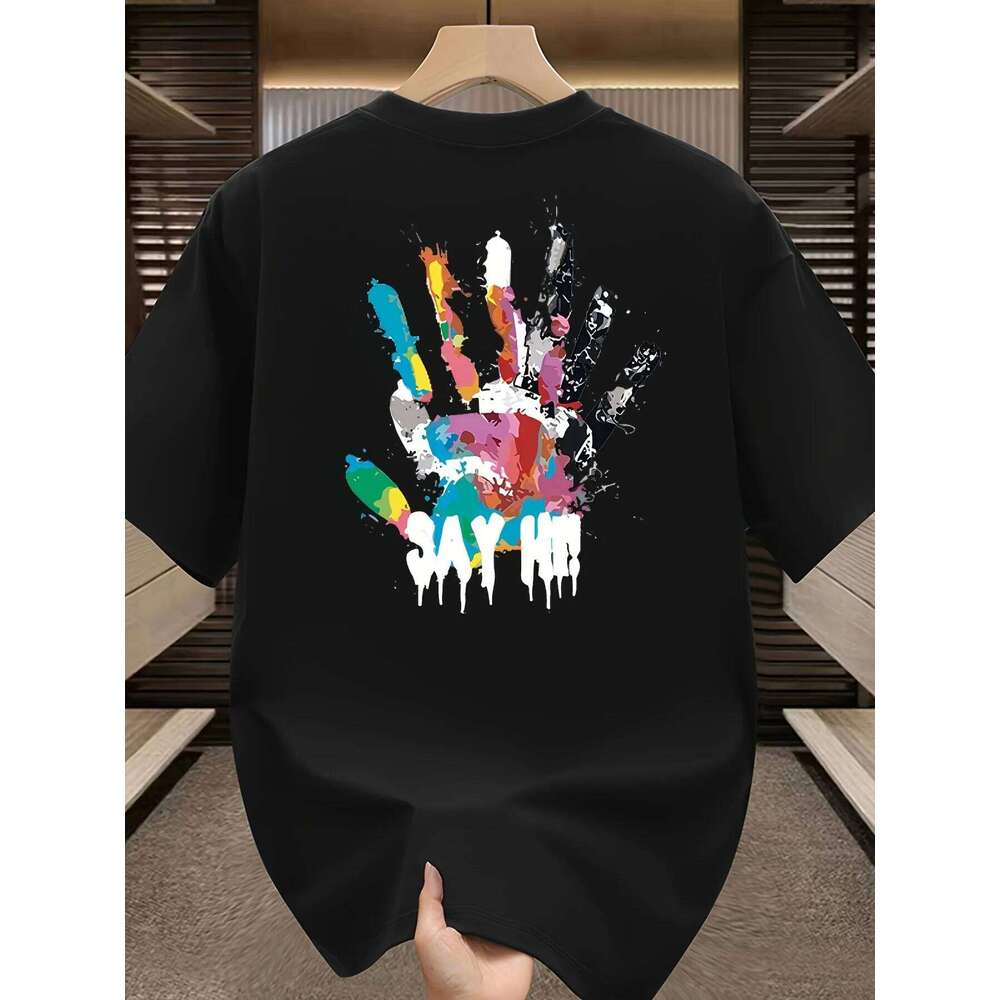 Men's Summer 100 Cotton Fashionable Casual Sports Loose Large Size Color Handprint Round Neck Short Sleeve T-shirt Top 26H0306