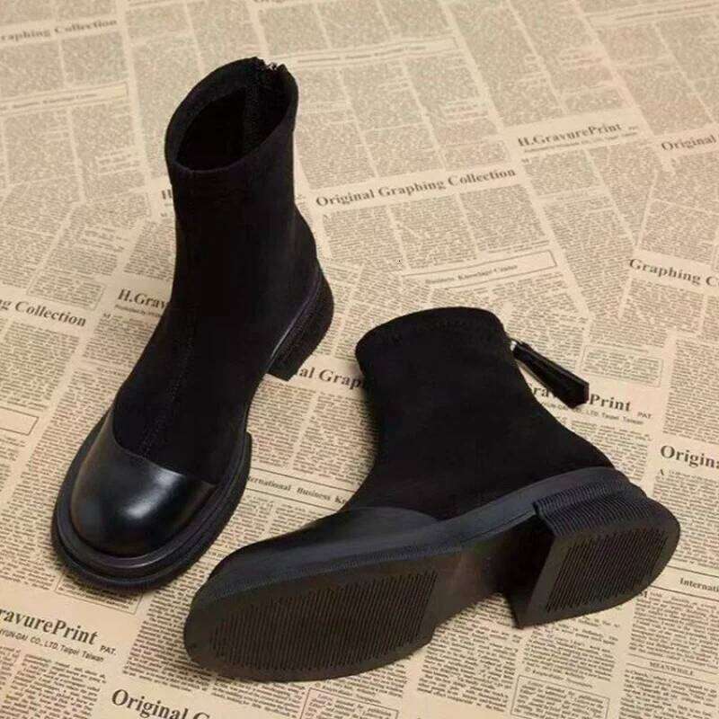 2025 Autumn New Women's Ankle - Retro Panel Round Toe Side Zipper Chunky Heel Fashion Short Boots for Women