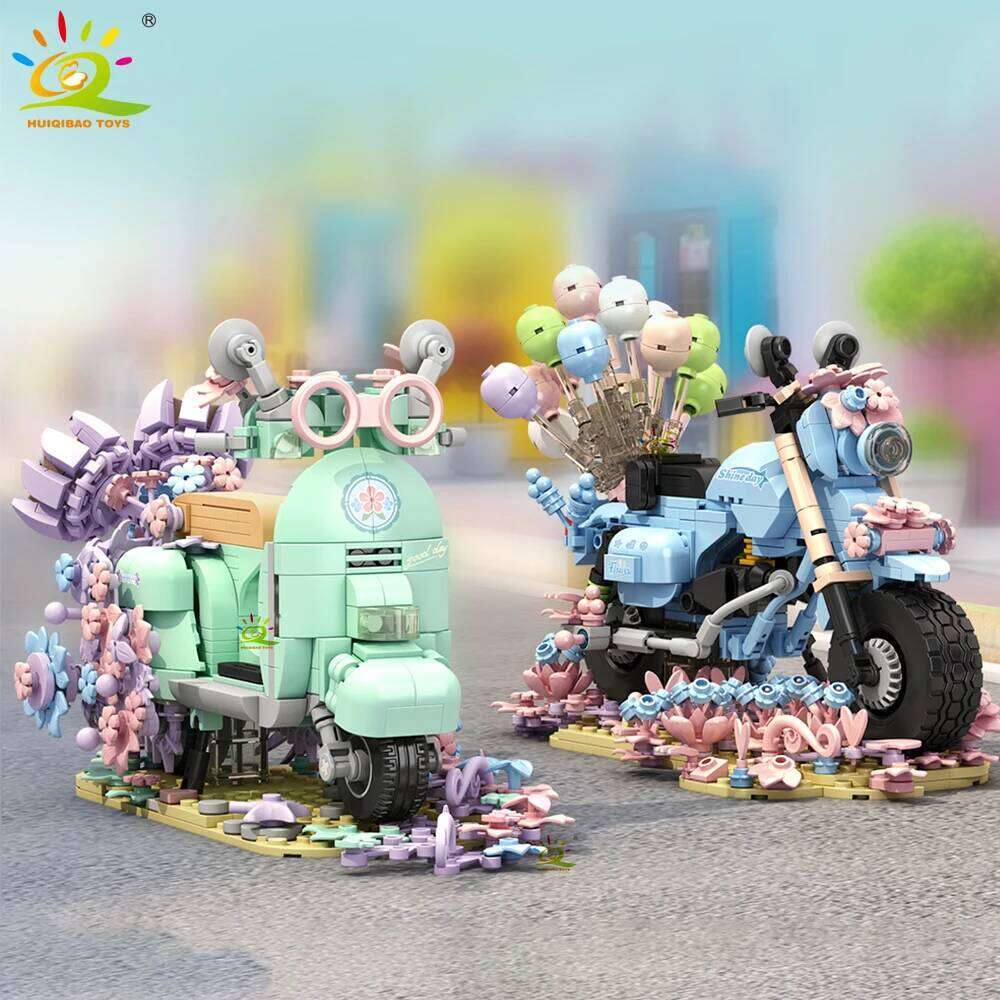 HUIQIBAO MOC Balloon Motorcycle Model Building Block Motorbike Car Brick Toy Home Desk DIY Decoration Assemble Game for Children Z260306