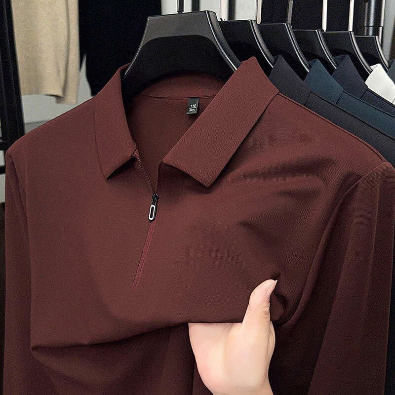 2025 New Spring and Autumn Seamless Long-Sleeve Polo for Men, High-End Business T-Shirt, Trendy Turn-Down Collar Base Shirt