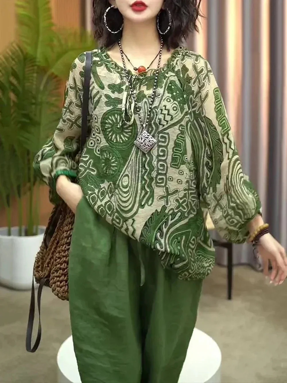 Womens Cotton and Linen Clothing Sets Female Floral Long Sleeve Tops and Loose Pants Female 2PCS Outfits Plus Size 260304