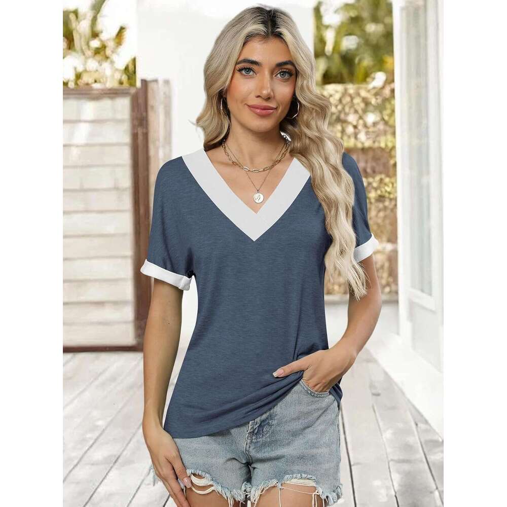 Women Summer Top V Neck Short Sleeve Blouse Casual Loose Tees Comfort Colors Designer Tshirt 2026 Fashion Beach Vacation Clothe