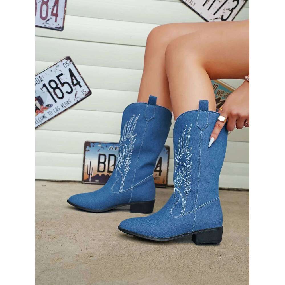 Gold Mid-calf Women 2025 Bohemia Silver Pointed Western Cowboy Boots Retro Fashion Black Boot Plus Size 36-43 WomenBoots