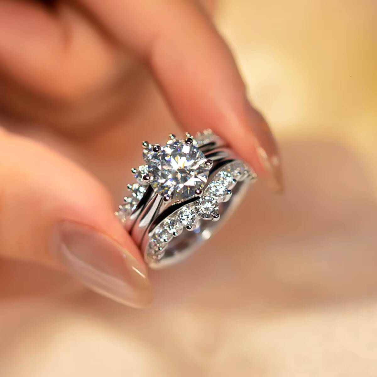 PYQ Luxury 3 Moissanite Ring Set 925 Sterling Silver Subtle High-End Wedding Exclusive Design