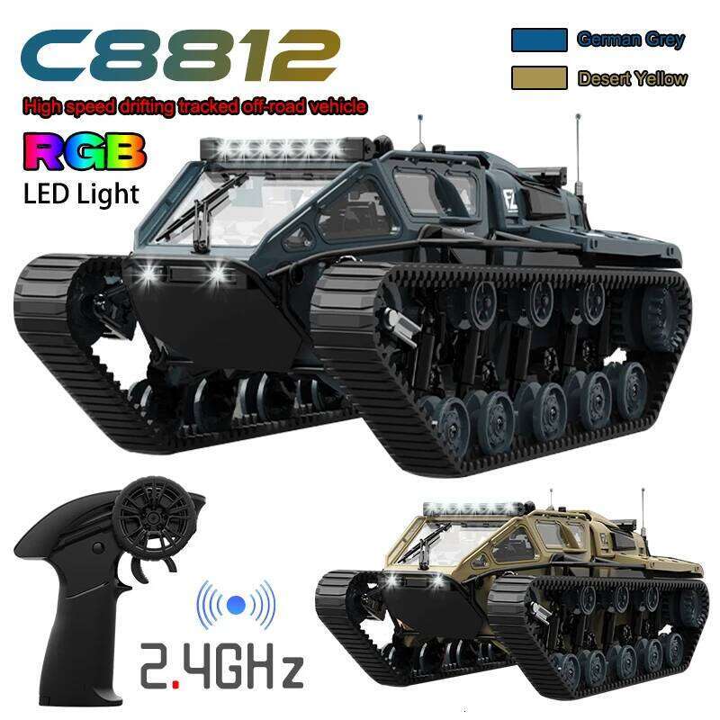 JJRC C8812 LED Light Full Scale Tracked Tank Simulation Toy RC Car Model Drift Remote Control Off-Road Vehicle Boy Gift C260305
