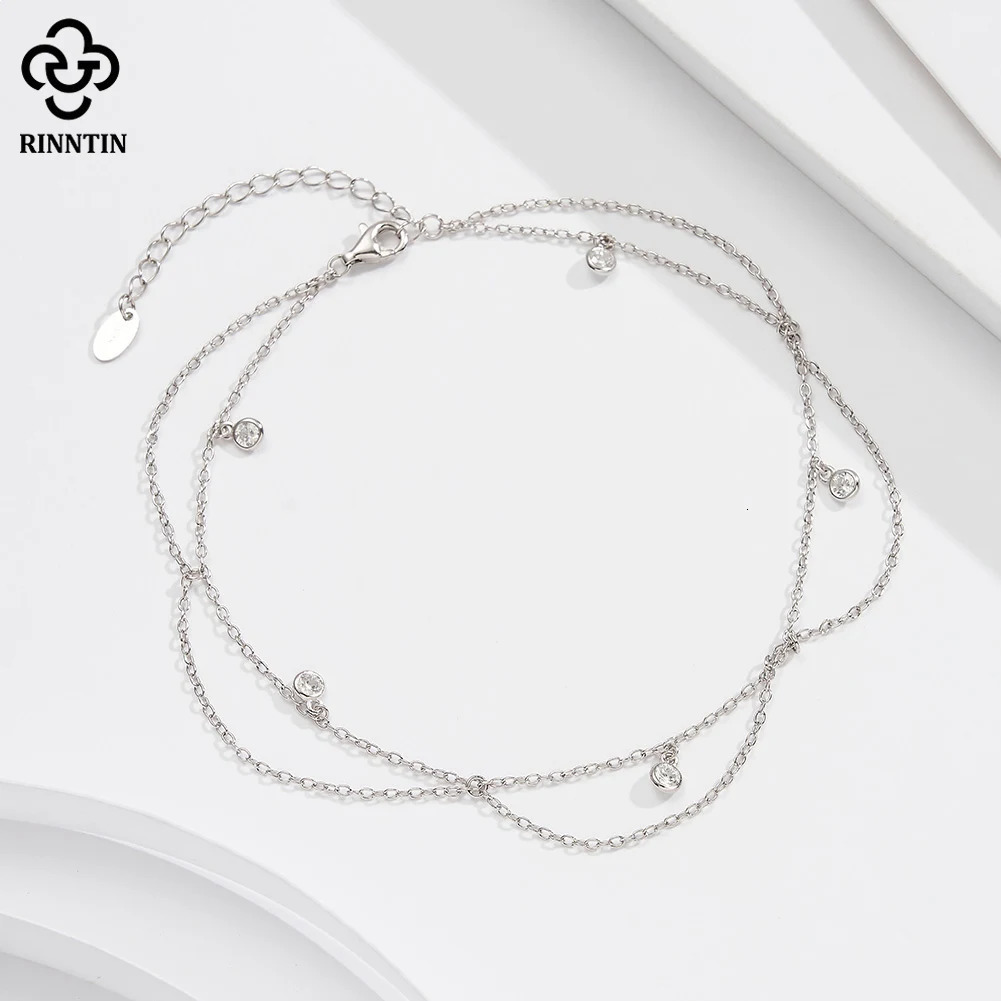 Rinntin 925 Sterling Silver Dangle Shiny CZ Anklet for Women Summer Foot Chain Bracelet Fashion Ankle Straps Jewelry SA72 260304