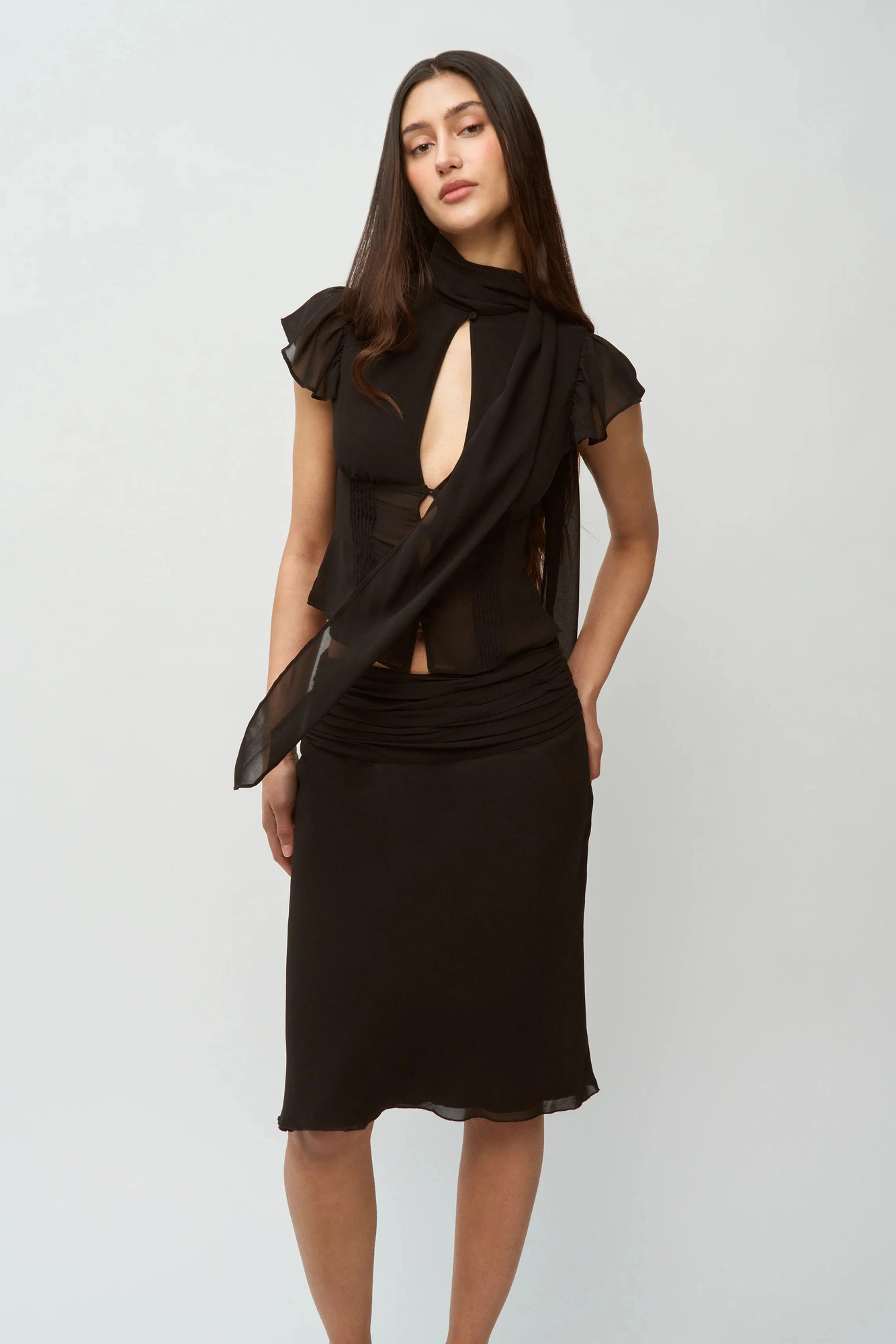 Guiz Black Ribbon Sexy Top Slightly See-Through Skin-Friendly Material Mid-Length Skirt Set Chiffon French Light Top Sweet Girl Party Set Knee-Length 