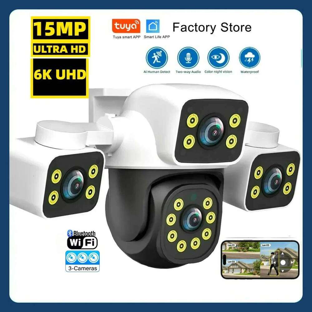 Tuya Smart 15MP Lens IP Three Screens Security Auto Tracking Wireless Alarm WIFI CCTV Surveillance Outdoor Camera 26W0306