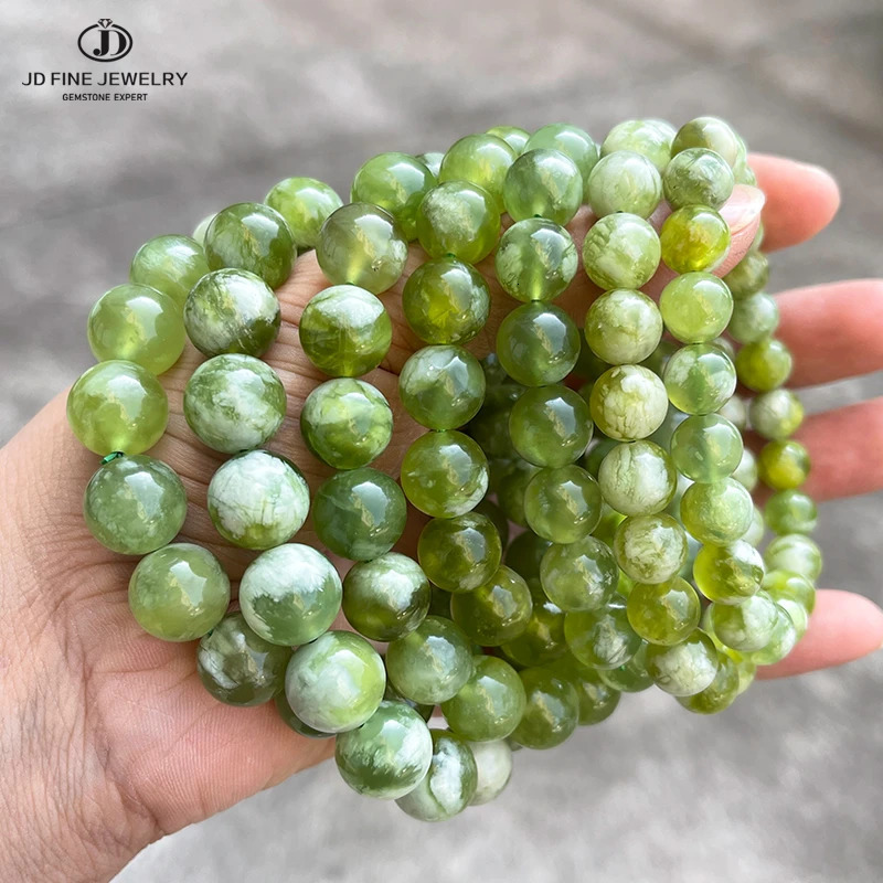 JD 7A Quality Natural Stone Green and White Serpentine Jade Charm Bracelets Women Fashion Chic Round Bead Elastic Bracelets 260302