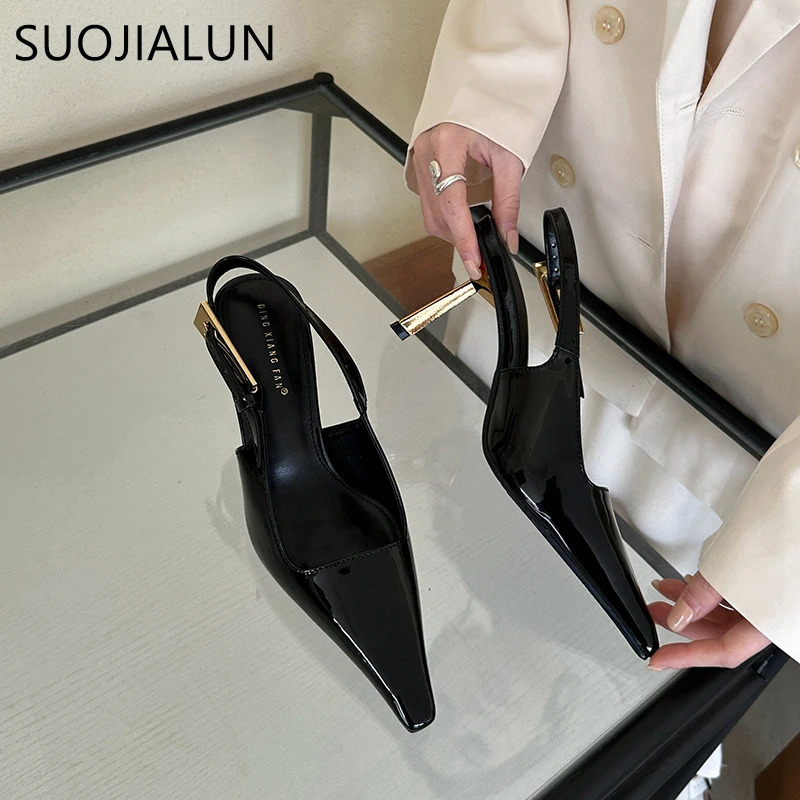 SUOJIALUN Spring Band Women Pumps Shoes Fashion Shallow Slip On Slingback Sandals Thin High Heel Dress Sexy Pumps Shoes 260306