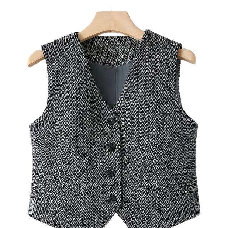 Designer 2026 Spring/Summer New Layered British Style Vintage Herringbone Pattern Women's V-Neck Vest Without Padding A10484