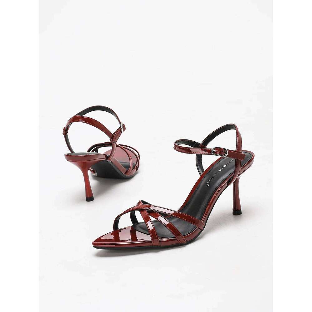 Women's Commute-Chic Burgundy Criss-Cross Strap Ankle-Clasp Heeled Sandals